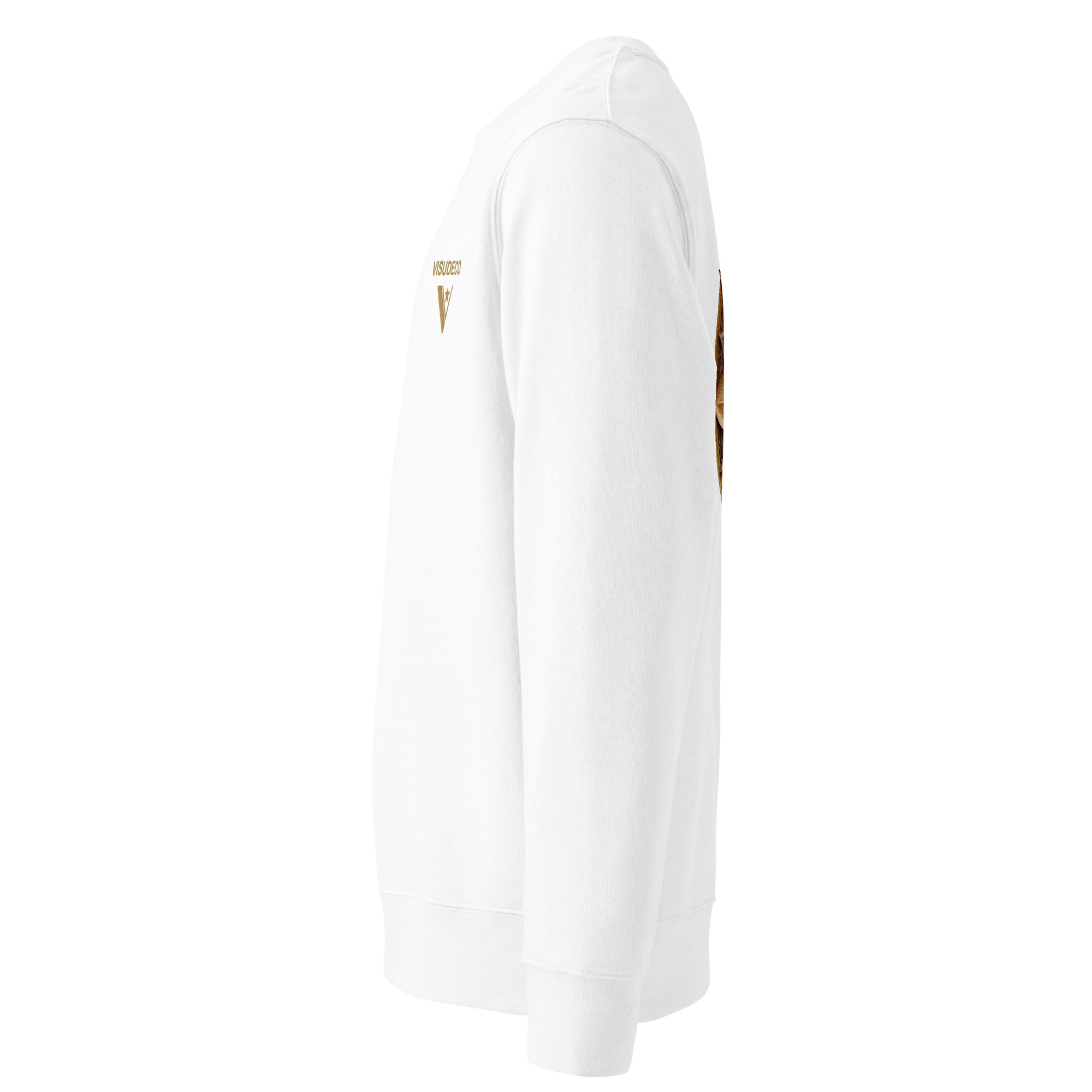 White sweatshirt seen from the left side.