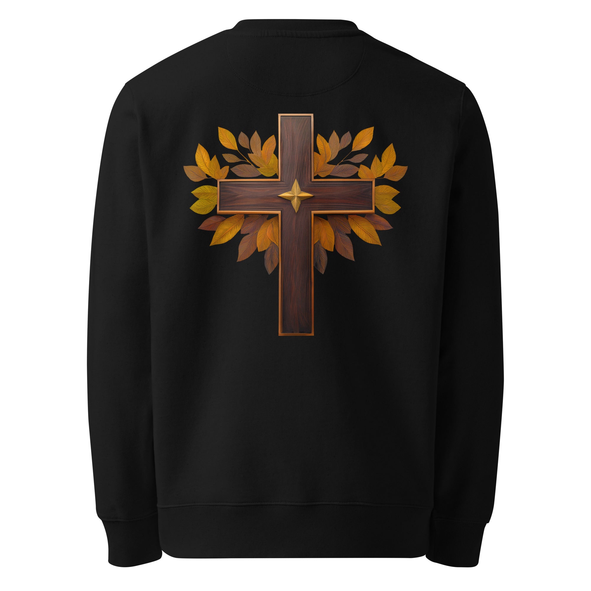 Cross - Organic Cotton Sweatshirt in Black with a wooden cross design on the back.
