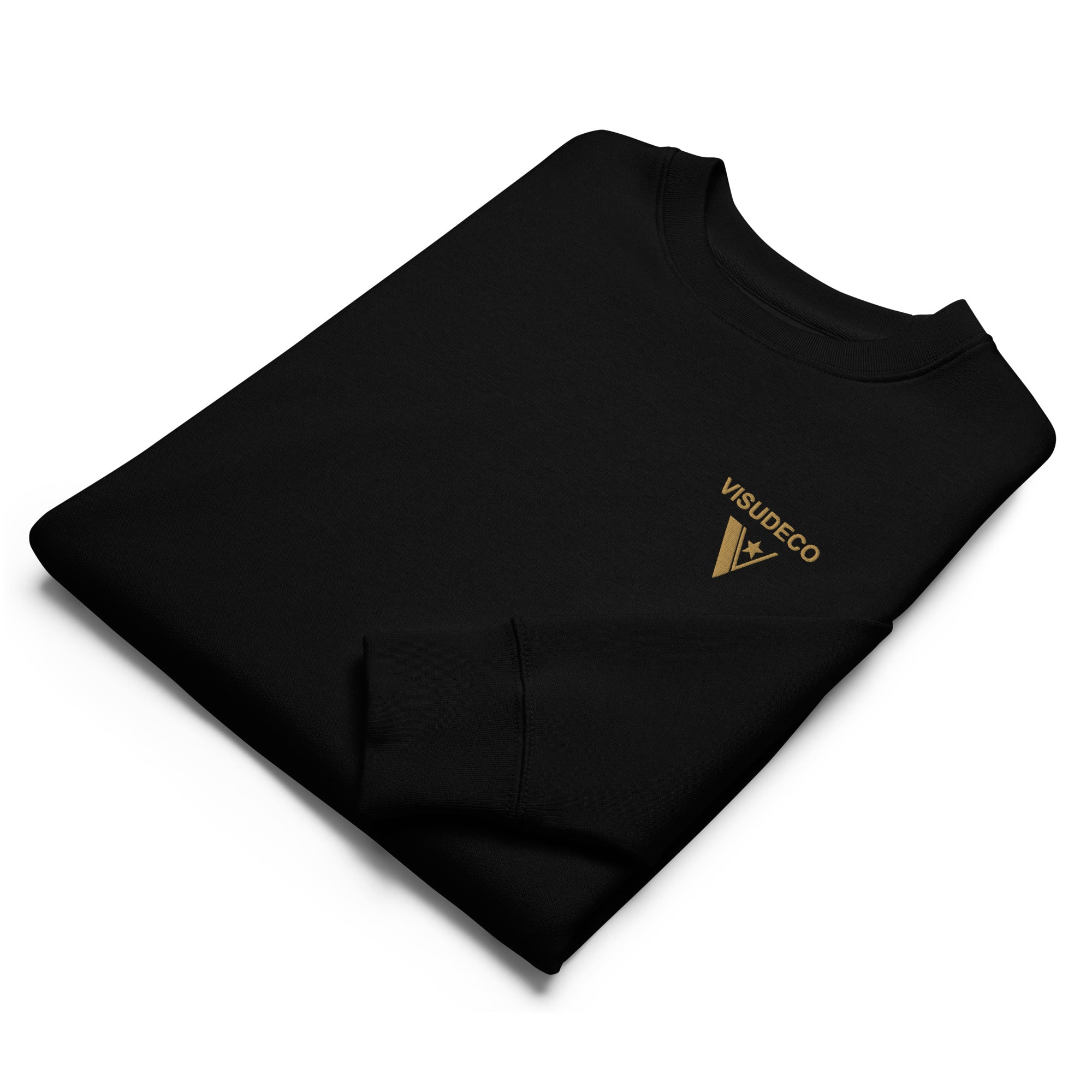 Organic Cotton Sweatshirt in Black folded sample with visudeco logo embroidered on the front.
