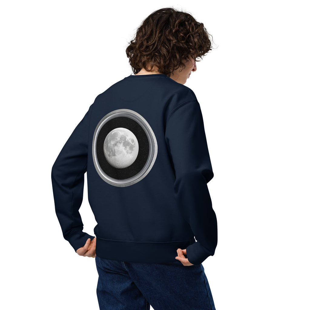 Moon - Organic Cotton Sweatshirt in Navy Blue on female model with moon design printed on the back.