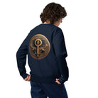 Key of Empathy - Organic Cotton Sweatshirt in Navy Blue on female model with symbol printed on back.