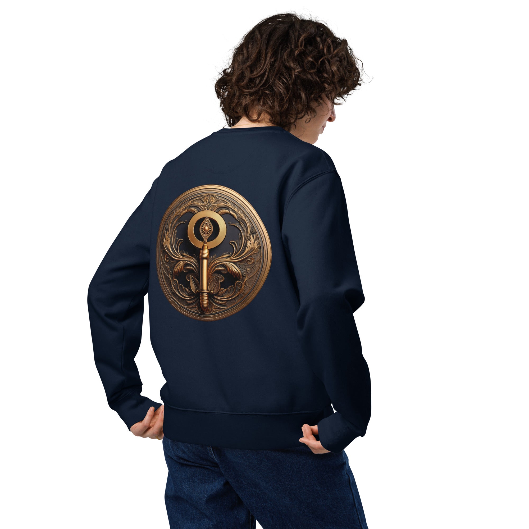 Key of Empathy - Organic Cotton Sweatshirt in Navy Blue on female model with symbol printed on back.