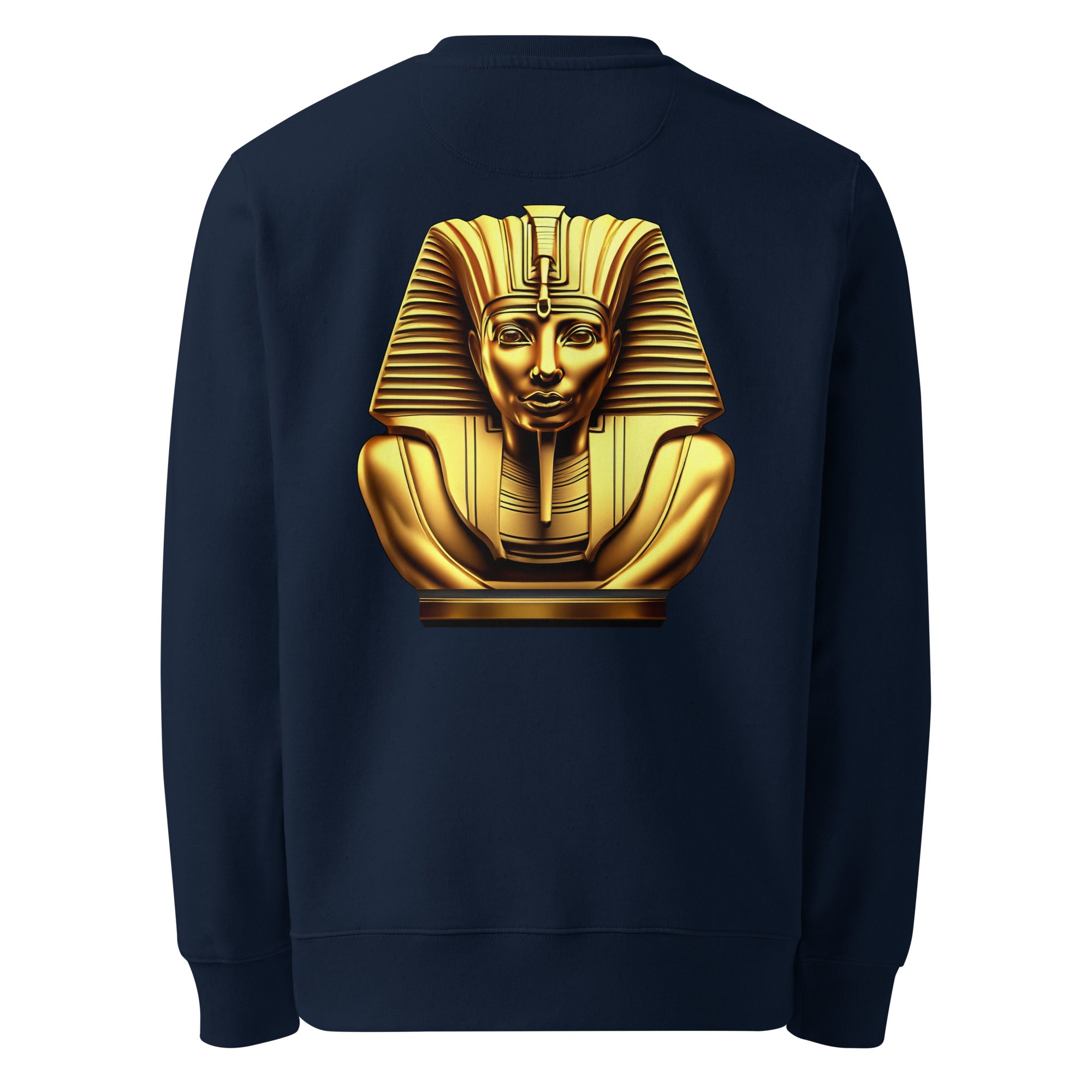 Pharaoh - Organic Cotton Sweatshirt in Navy Blue with a golden pharaoh design on the back.