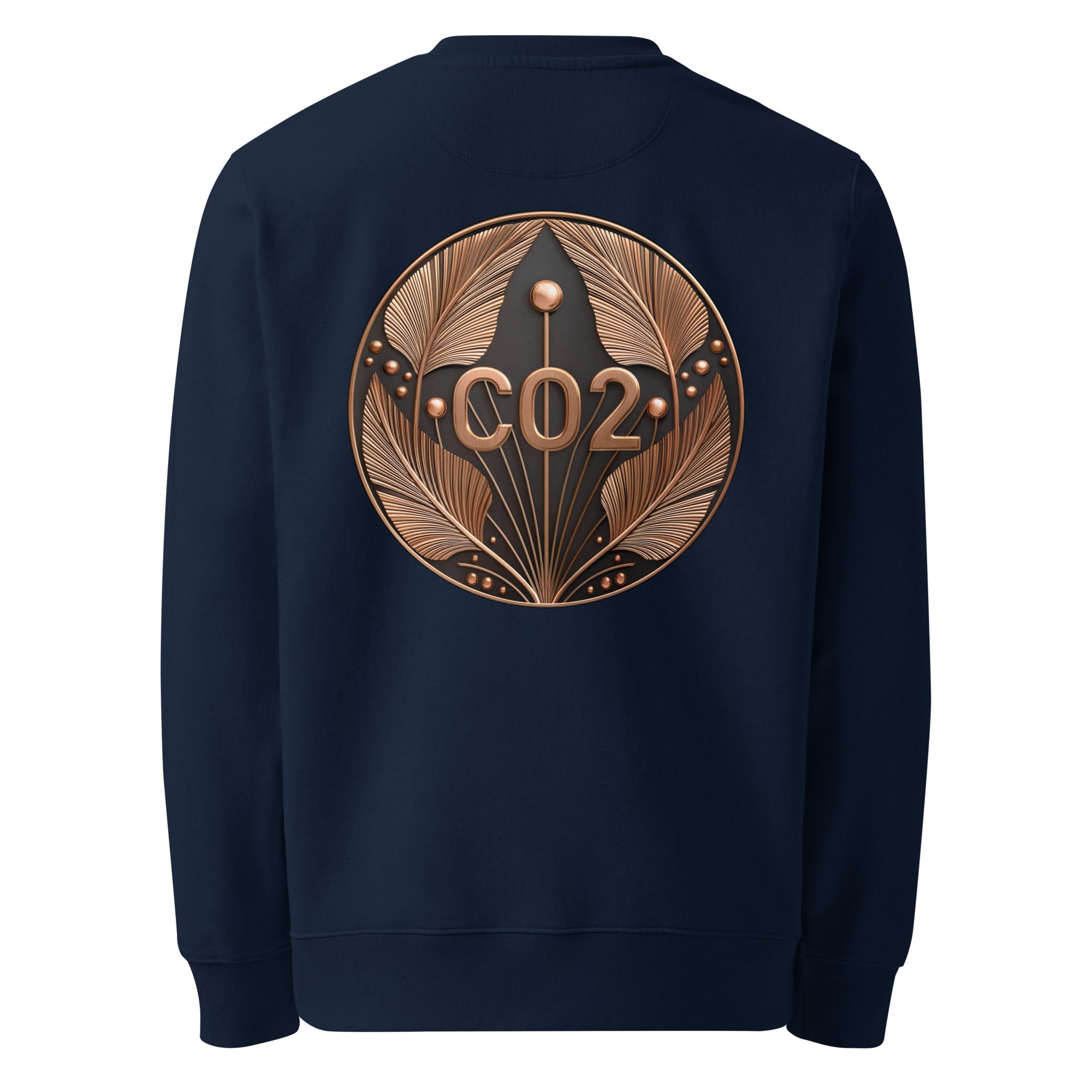CO2 - Organic Cotton Sweatshirt in Navy Blue with a bronze design on the back.