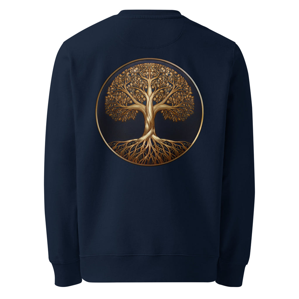 Tree of Life - Organic Cotton Sweatshirt in Navy Blue with a golden tree design on the back.