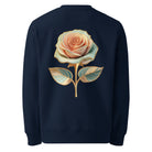 Bloom - Organic Cotton Sweatshirt in Navy Blue with golden flower with pastel leaves on the back.