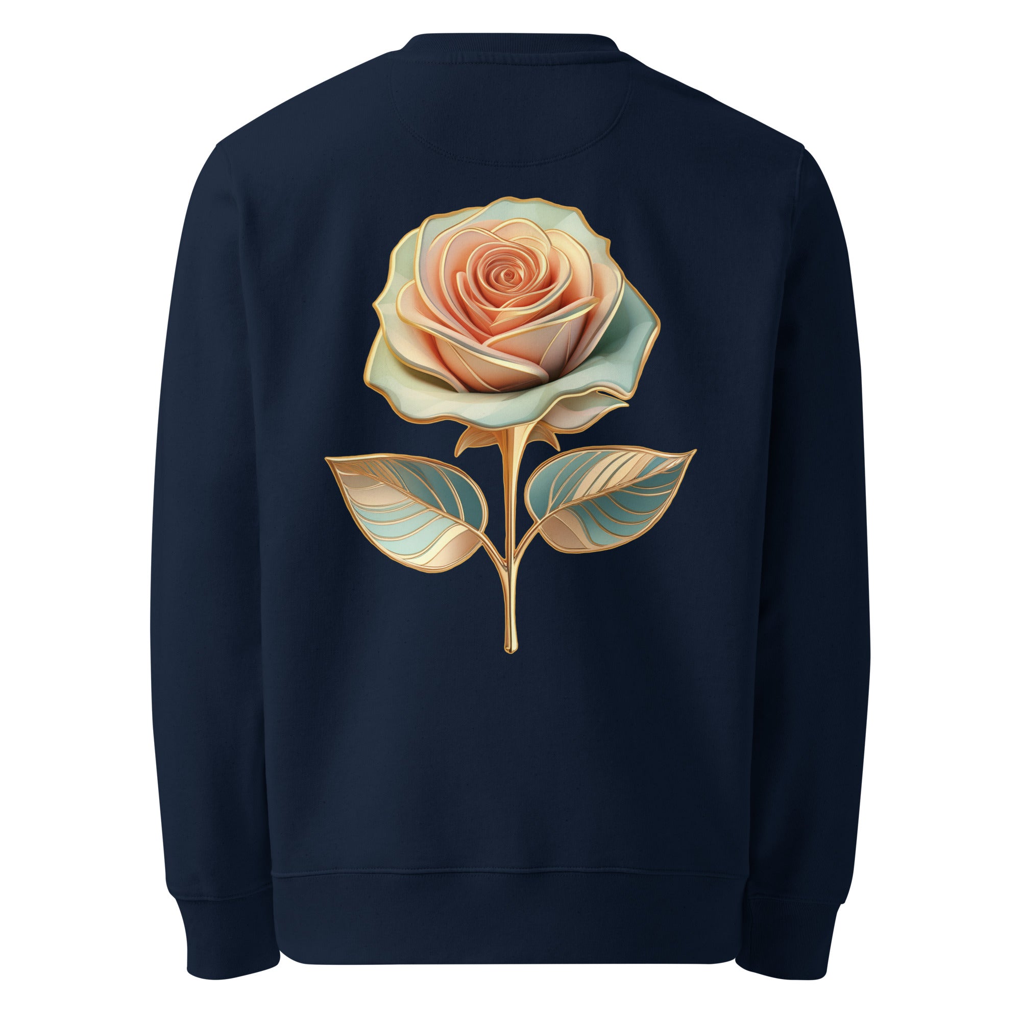 Bloom - Organic Cotton Sweatshirt in Navy Blue with golden flower with pastel leaves on the back.