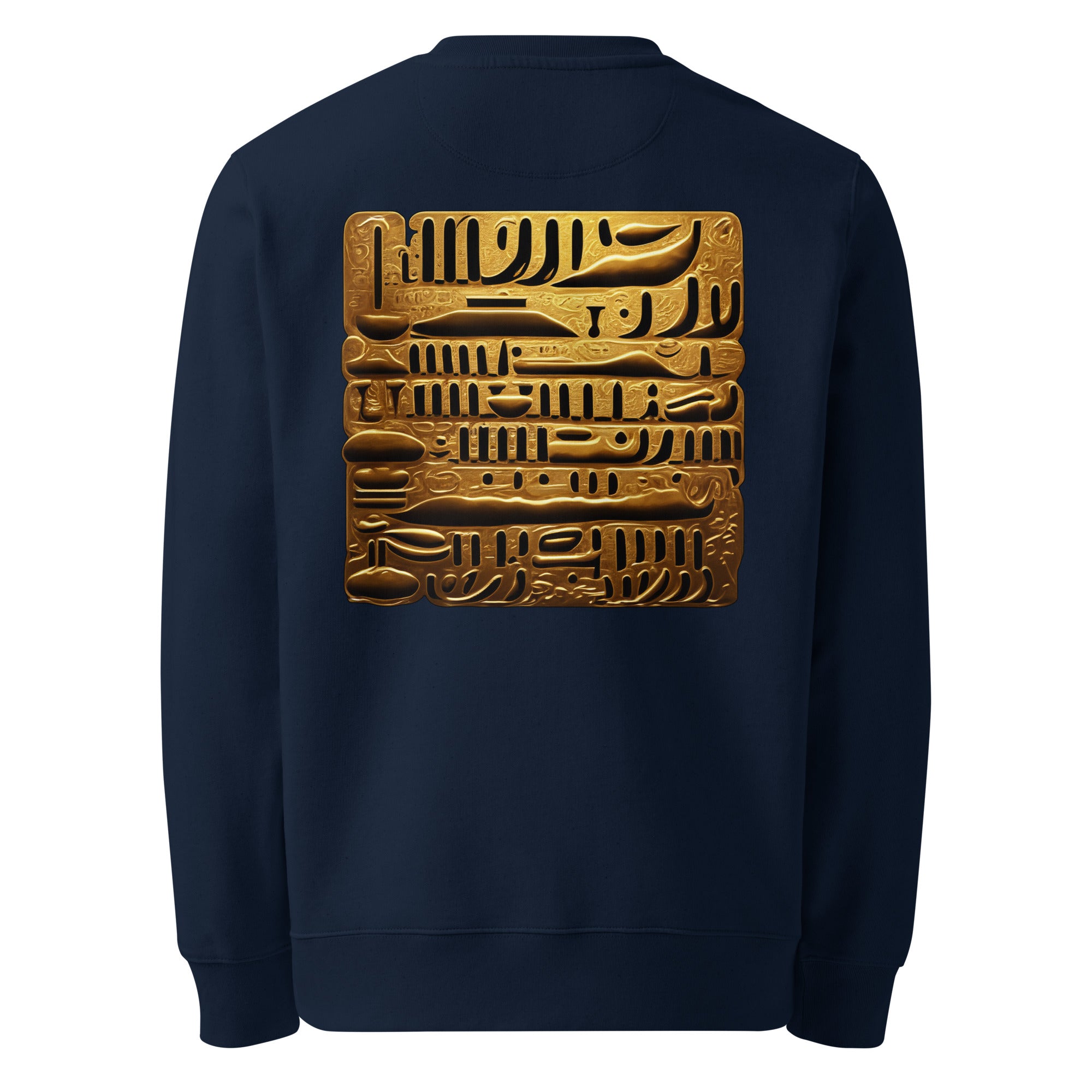 Glyphs - Organic Cotton Sweatshirt in Navy Blue with a golden glyphs design printed on the back.
