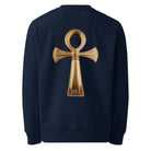 Key of Life - Organic Cotton Sweatshirt in Navy Blue with a golden egyptian symbol on the back.