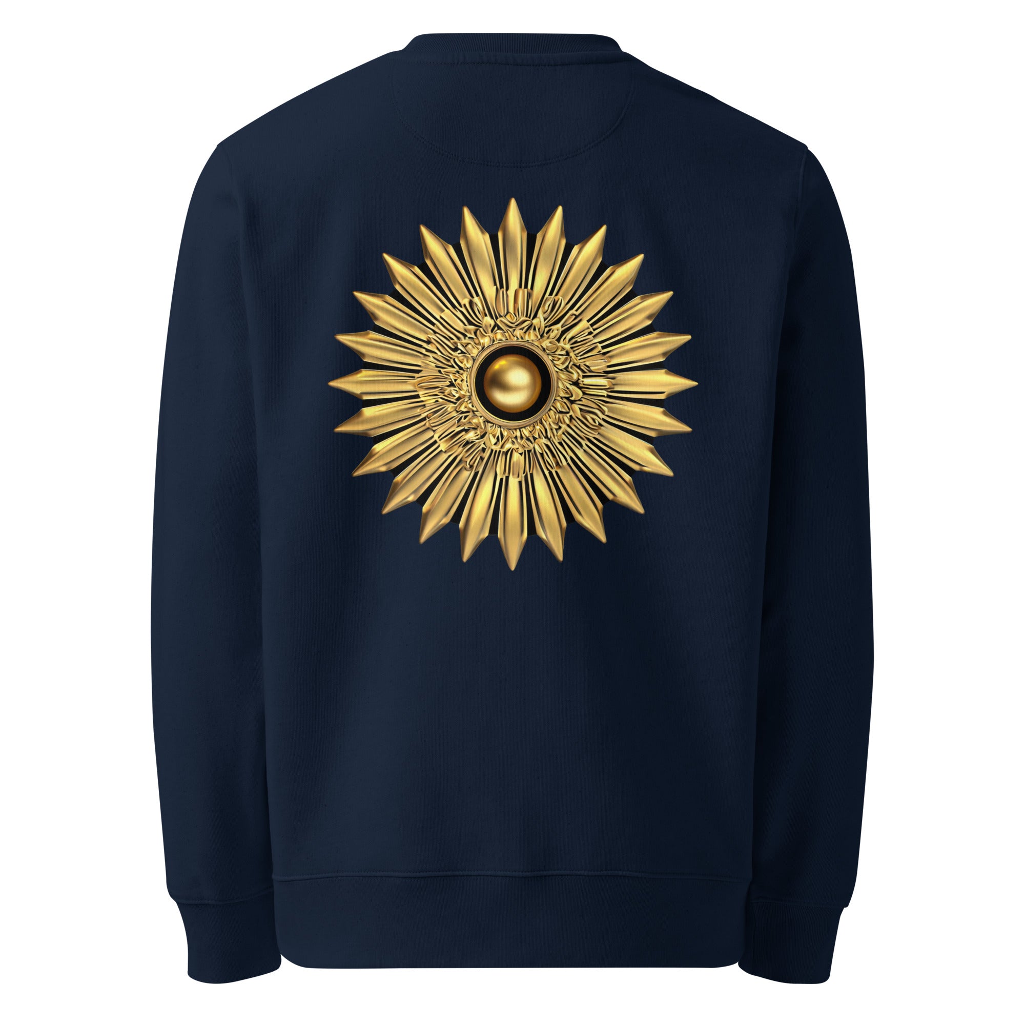 Sun - Organic Cotton Sweatshirt in Navy Blue with a golden sun design printed on the back.