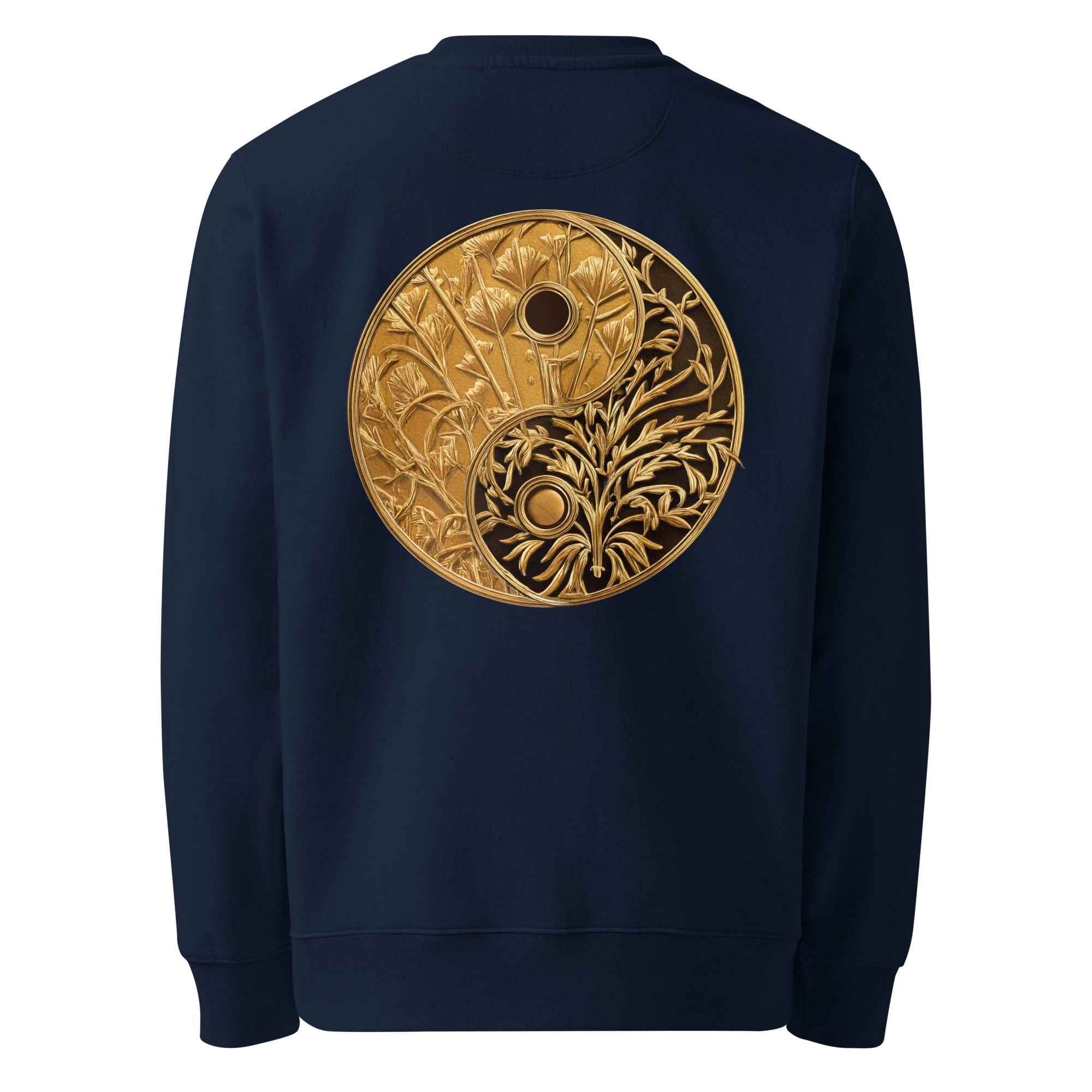 Yinyang - Organic Cotton Sweatshirt in Navy Blue with golden/bronze design on the back.