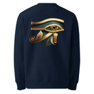 Eye of Horus - Organic Cotton Sweatshirt in Navy Blue with golden design printed on the back.