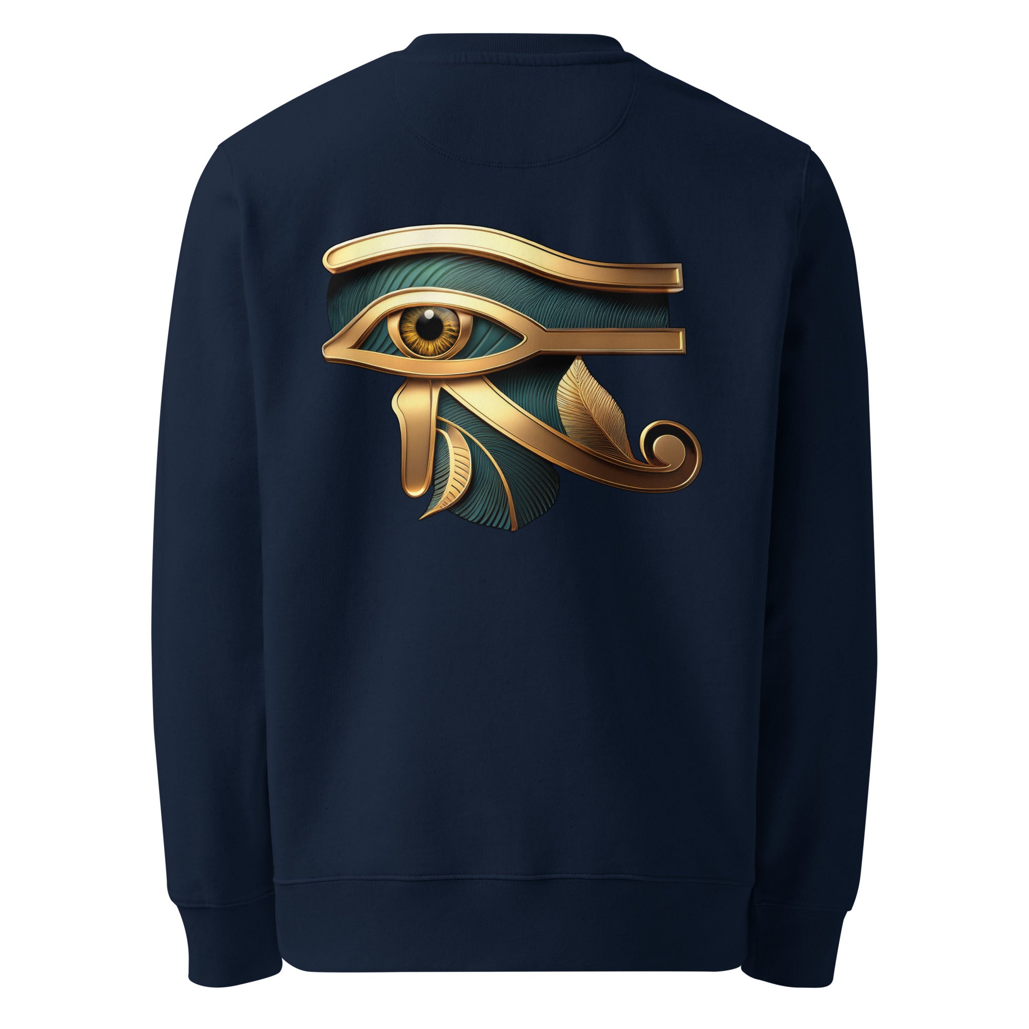 Eye of Horus - Organic Cotton Sweatshirt in Navy Blue with symbol printed on the back.