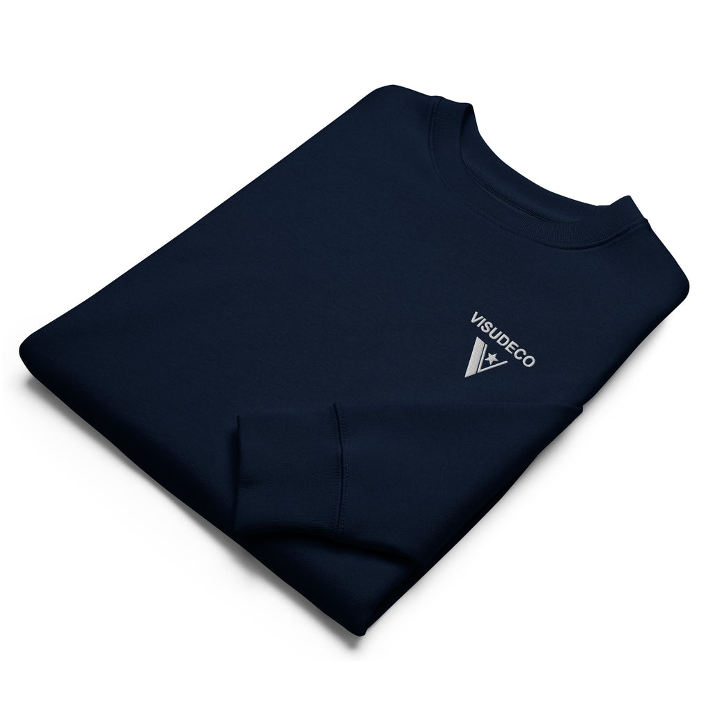 Organic Cotton Sweatshirt in Navy Blue. Folded sample with logo embroidered on the front.
