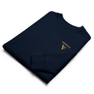 Organic Cotton Sweatshirt in Navy Blue. Folded sample with embroidered logo on the front.