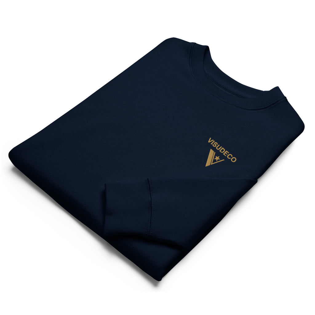 Folded organic cotton sweatshirt in navy blue with the visudeco logo embroidered on the front.