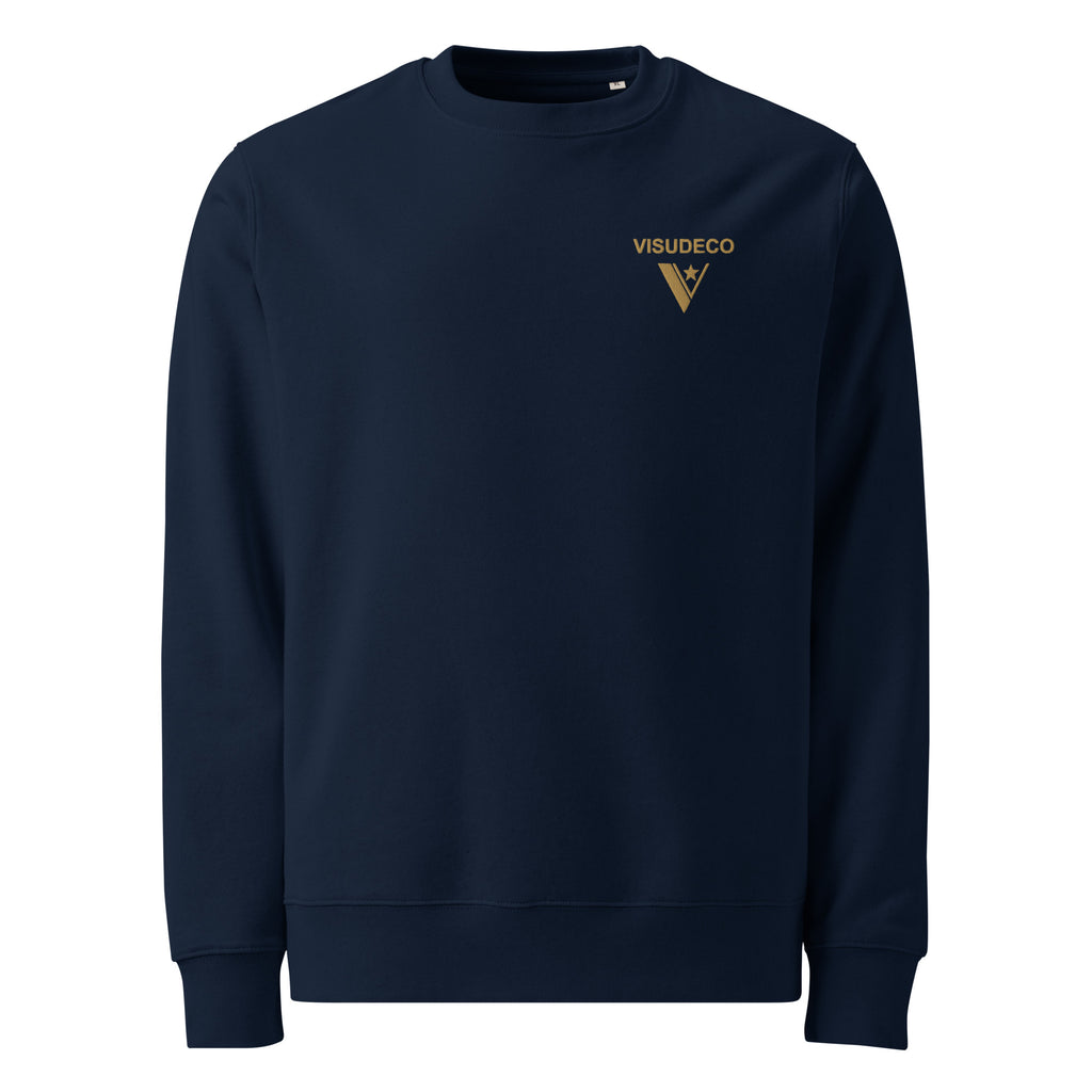 Organic cotton sweatshirt in navy blue with the visudeco logo embroidered on the front.