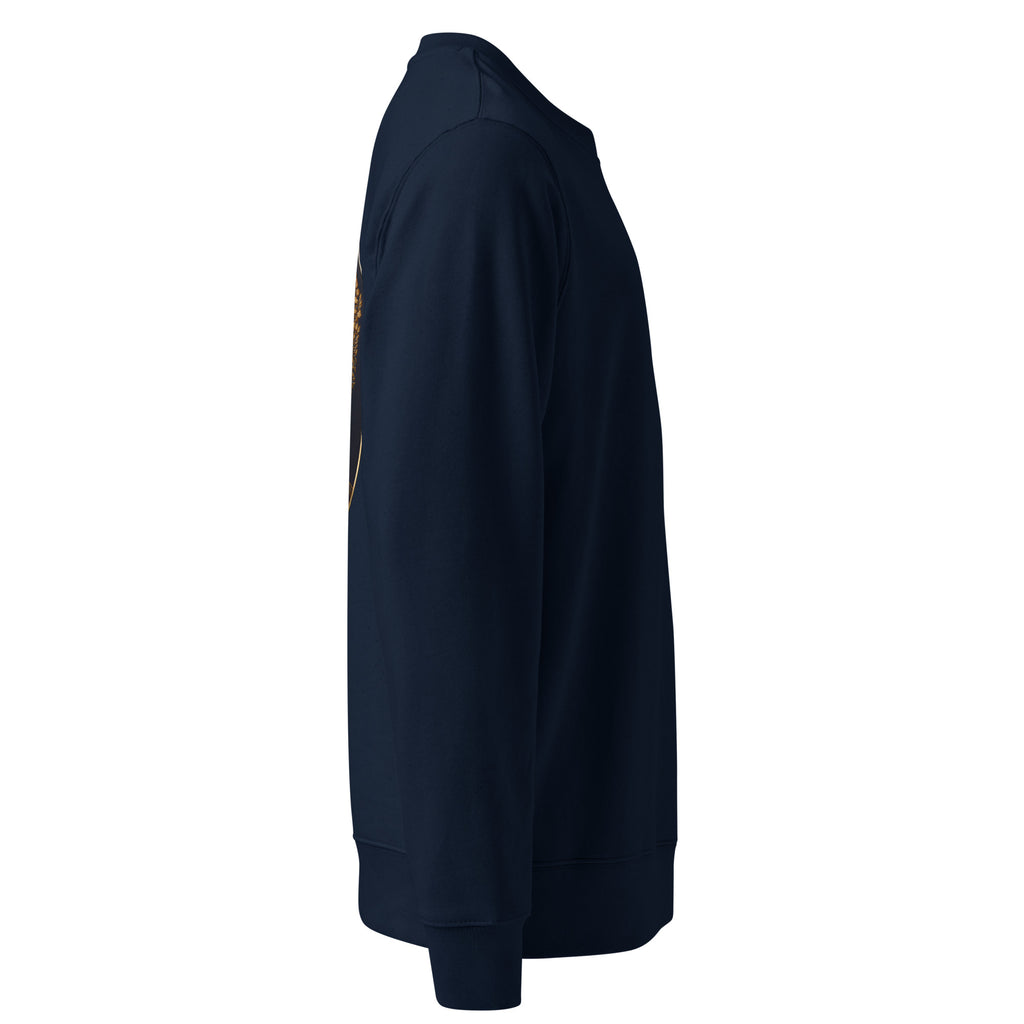 Organic cotton sweatshirt in navy blue seen from the right side.