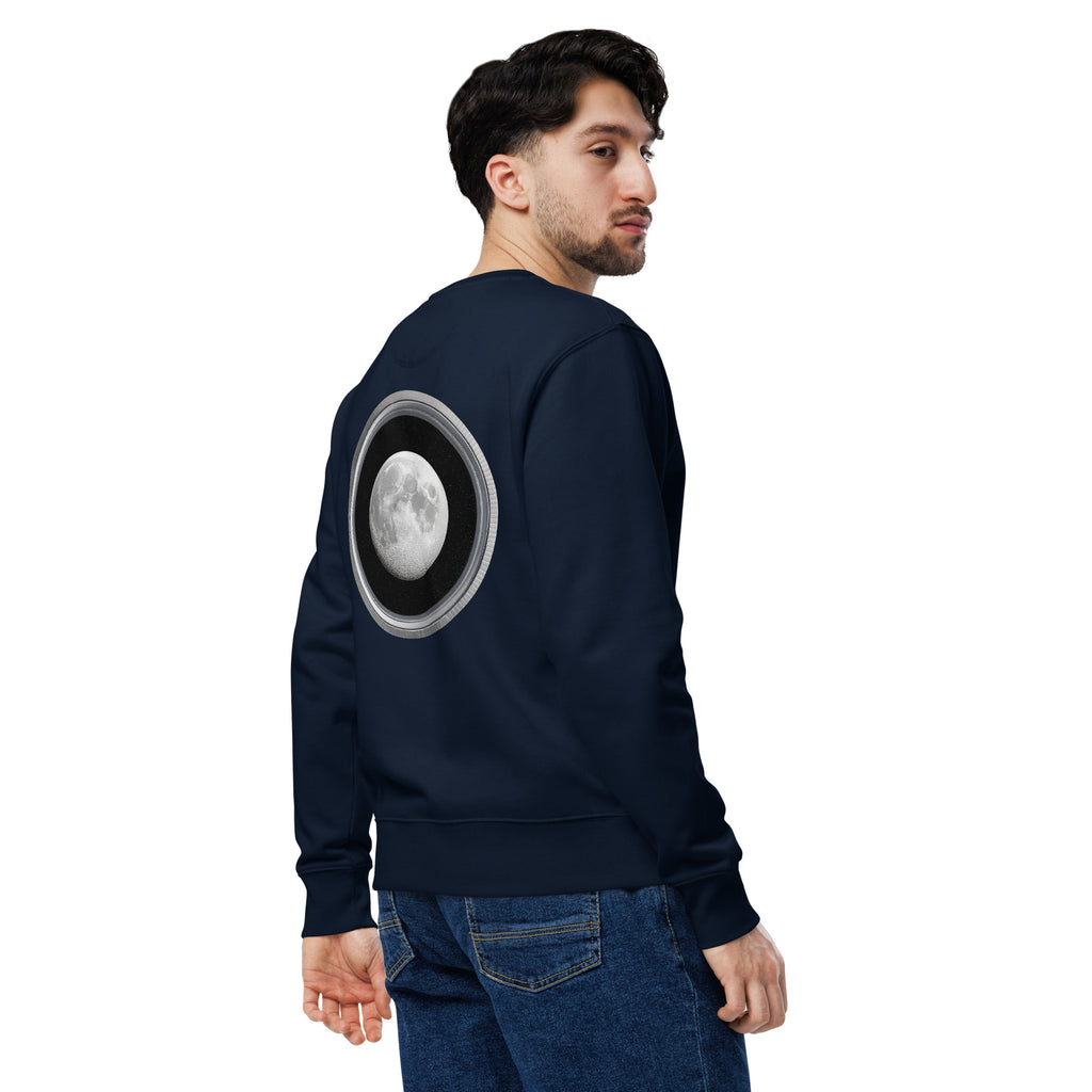Moon - Organic Cotton Sweatshirt in Navy Blue on male model with a moon design printed on the back.