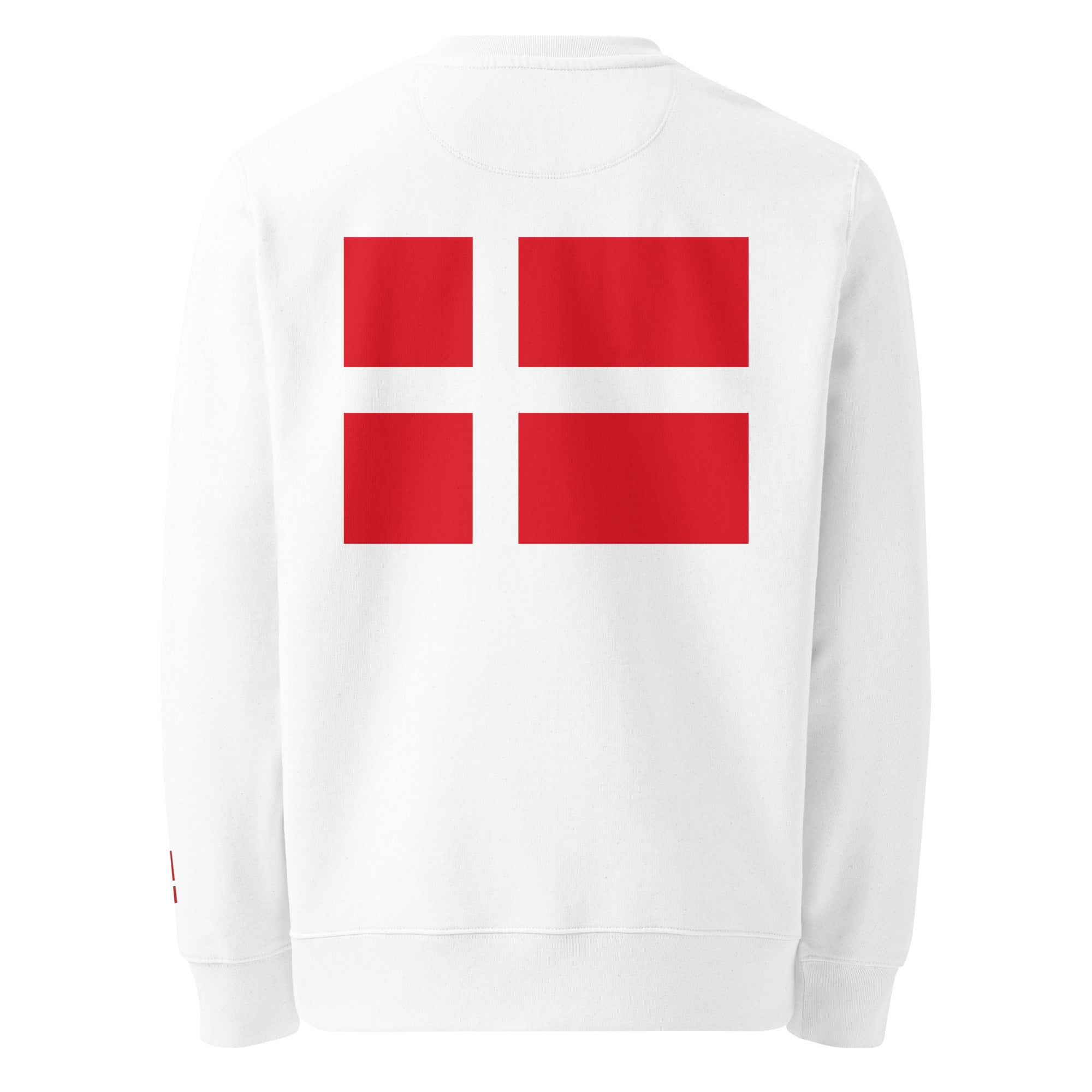 Danish Flag - Organic Cotton Sweatshirt in White with flag printed on the back.