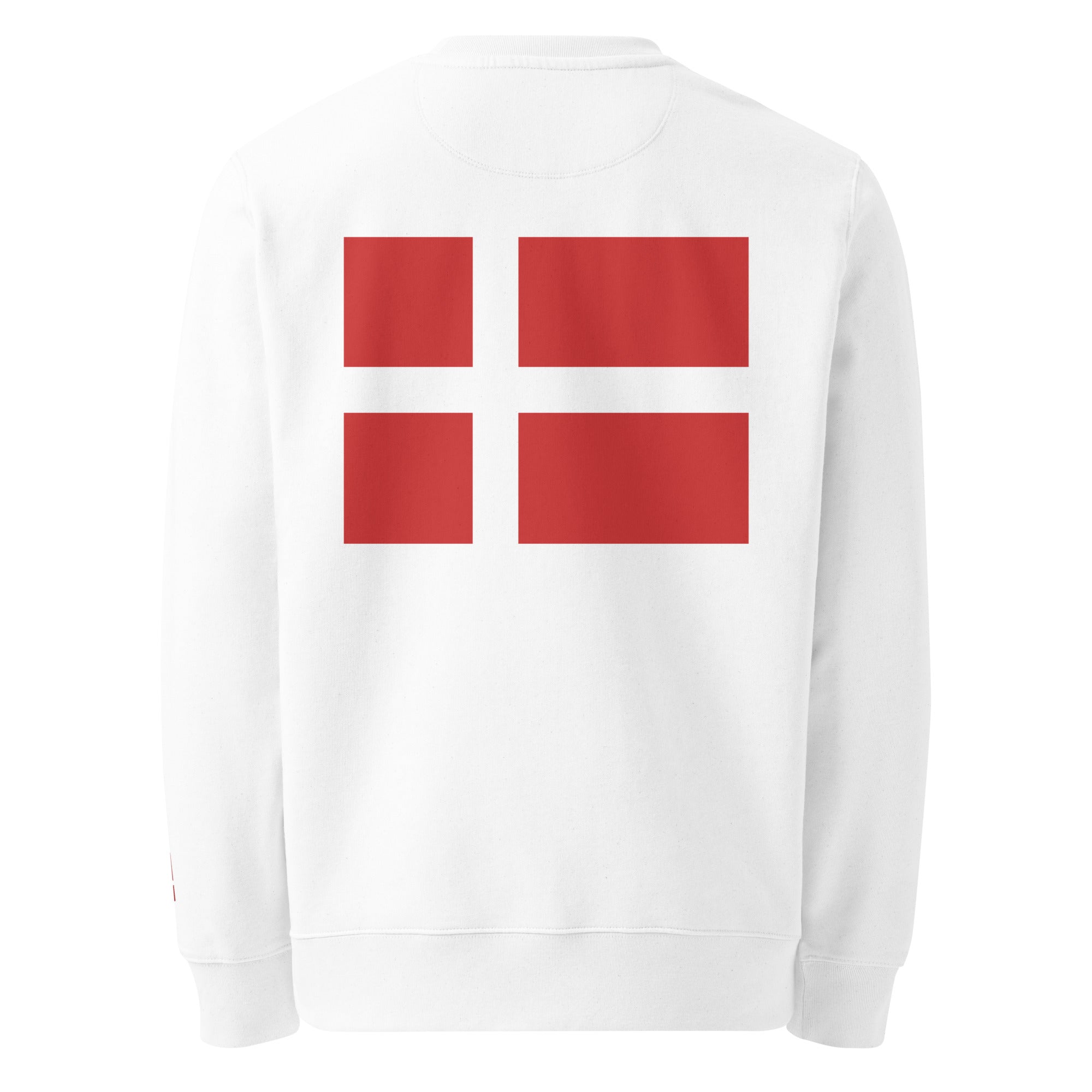 Danish Flag - Organic Cotton Sweatshirt in White with flag printed on the back.