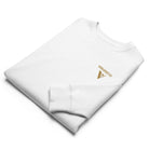 Organic Cotton Sweatshirt in white - folded sample. Close up of neckline and embroidered logo.