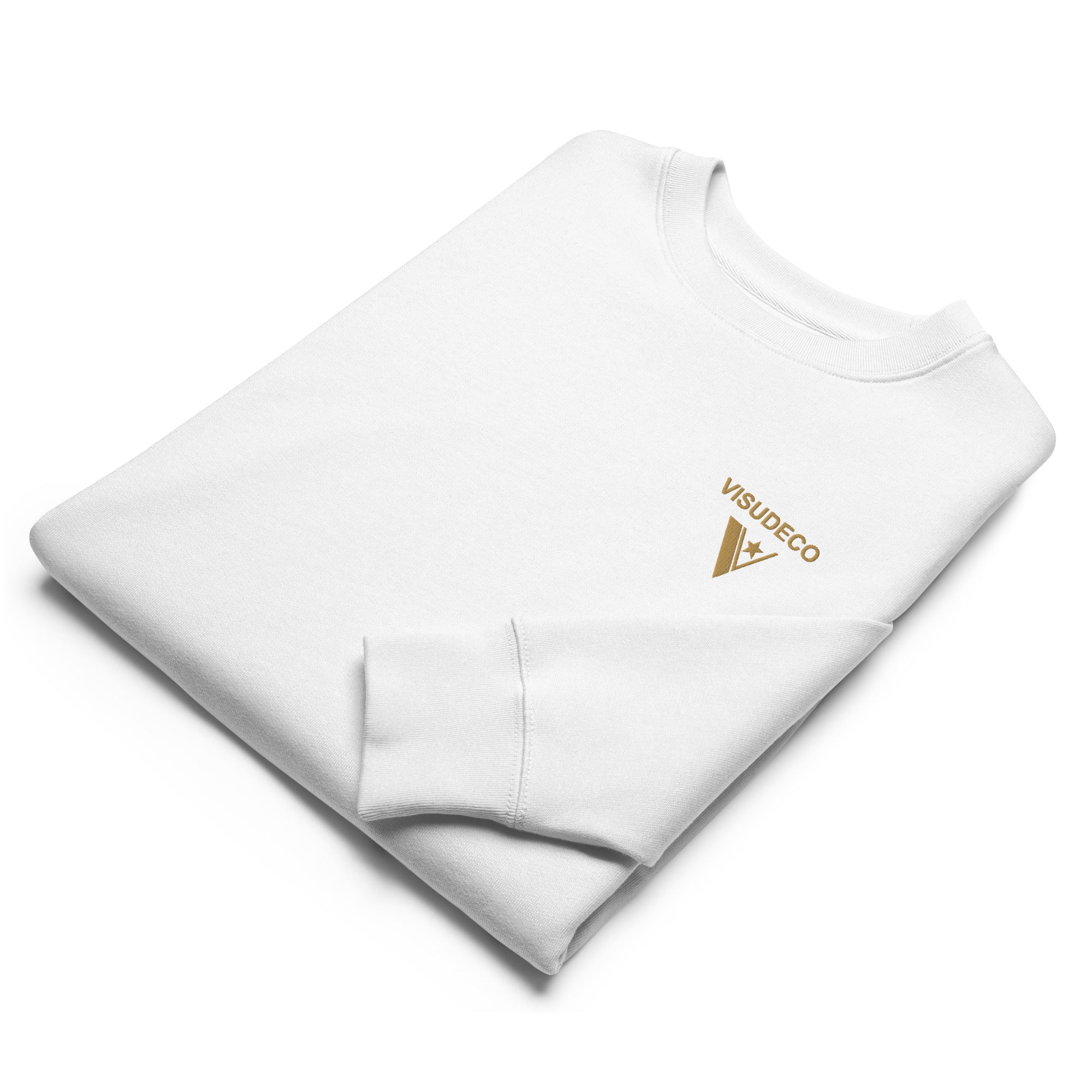 Organic Cotton Sweatshirt in white - folded sample. Close up of neckline and embroidered logo.