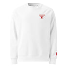 Organic Cotton Sweatshirt in White with red visudeco logo embroidered in front.