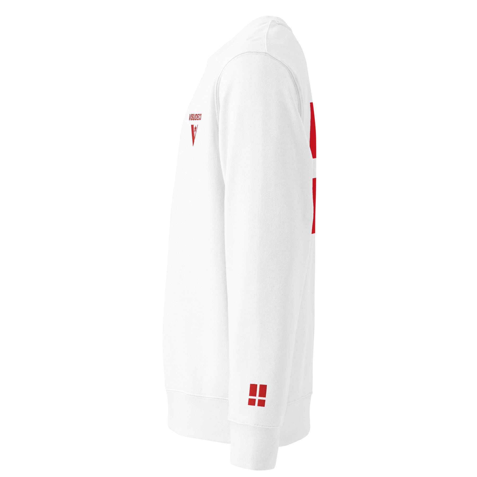 Organic Cotton Sweatshirt in White shown from the left side with flag embroidered on left sleeve.