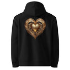 Black hoodie with a decorative heart design on the back against a white background.