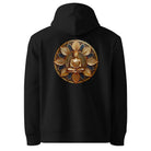 Black hoodie with a golden Buddha design on the back against a white background.