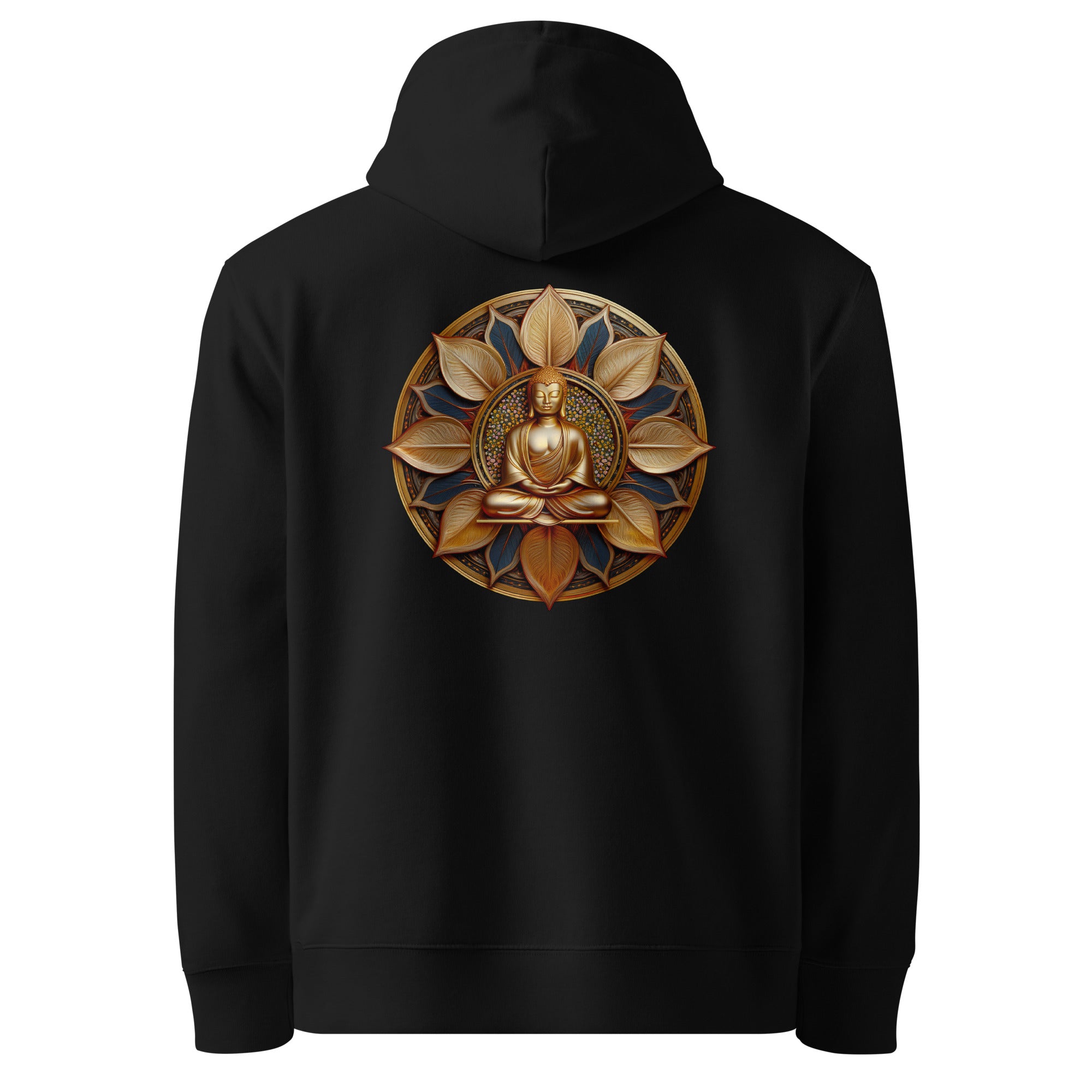Black hoodie with a golden Buddha design on the back against a white background.
