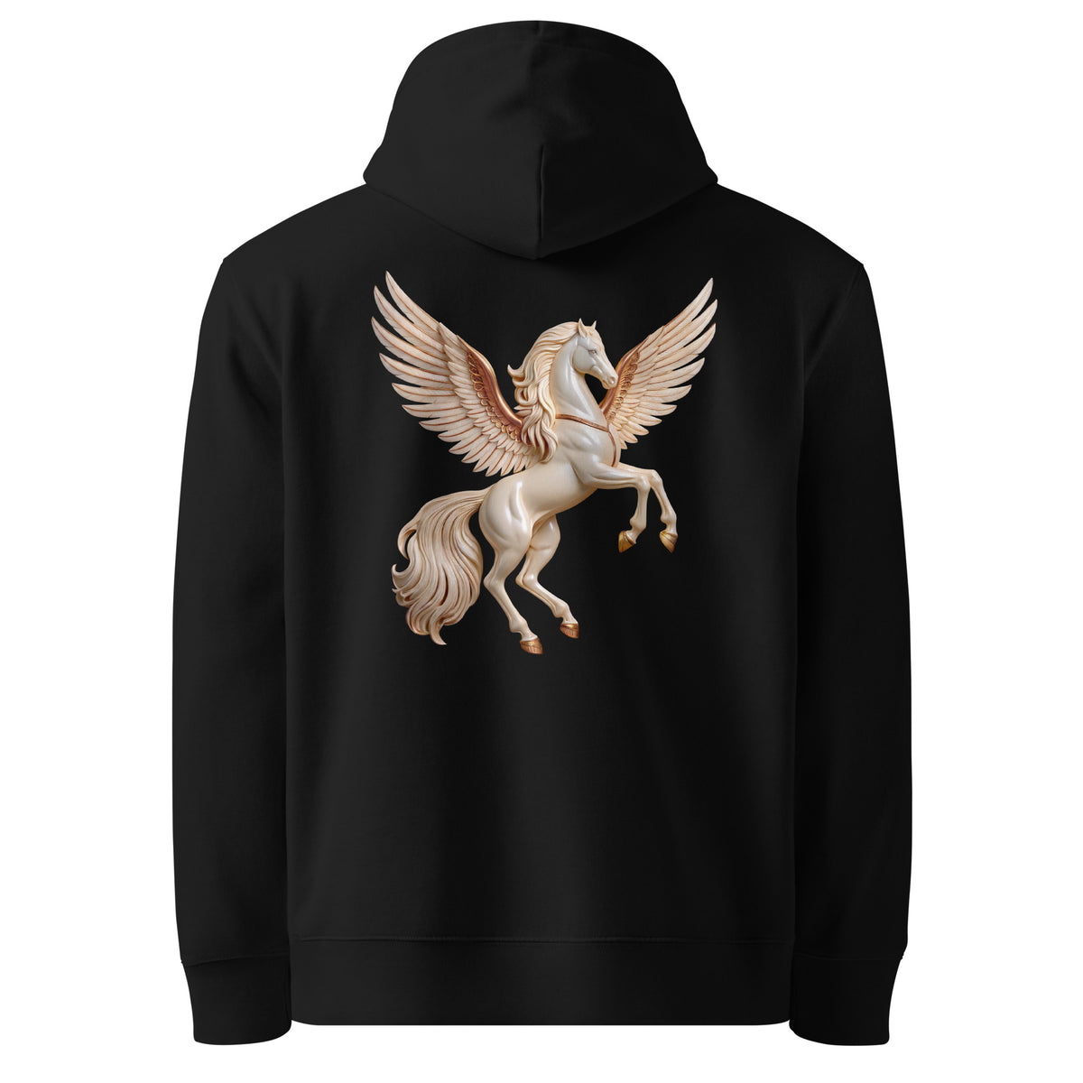 A black hoodie shown from the back, featuring a large graphic print of a rearing white Pegasus in gold and white.