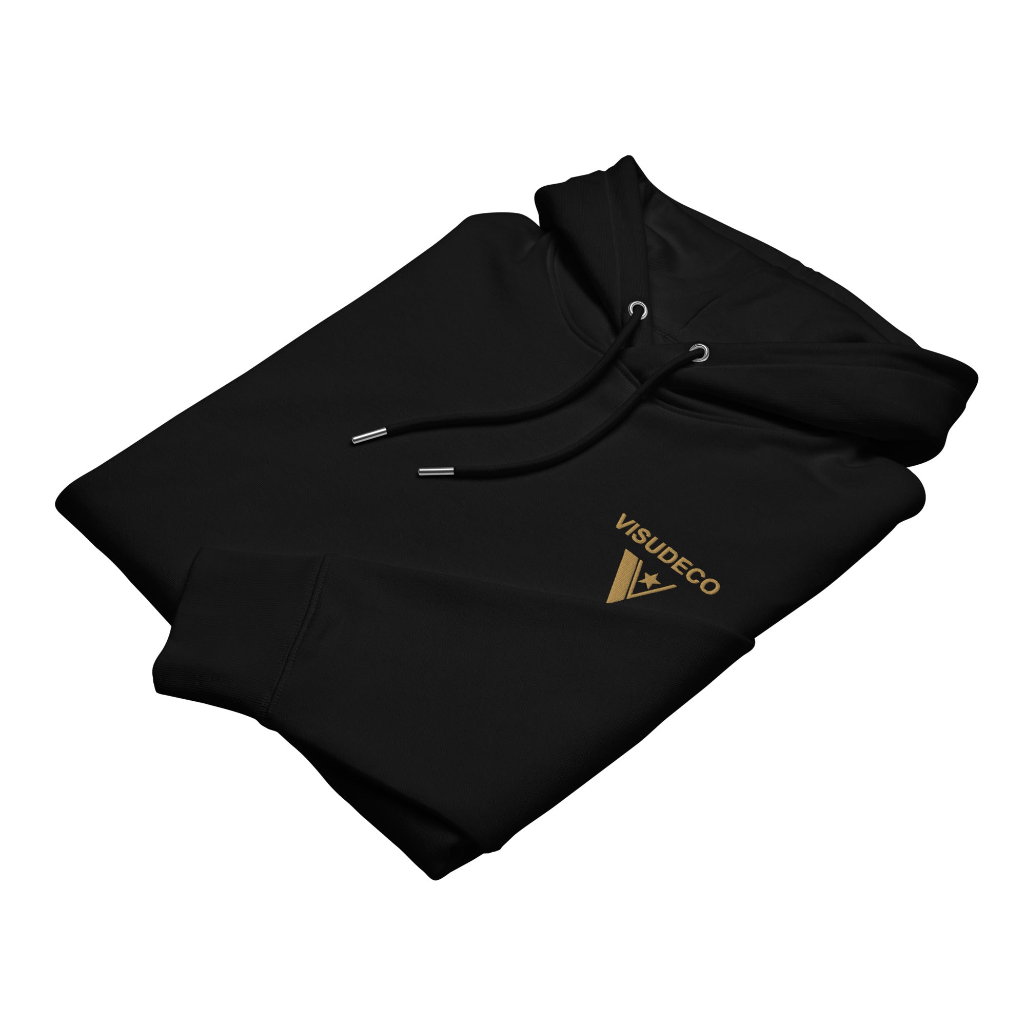 Black hoodie folded with logo in front on a white background.