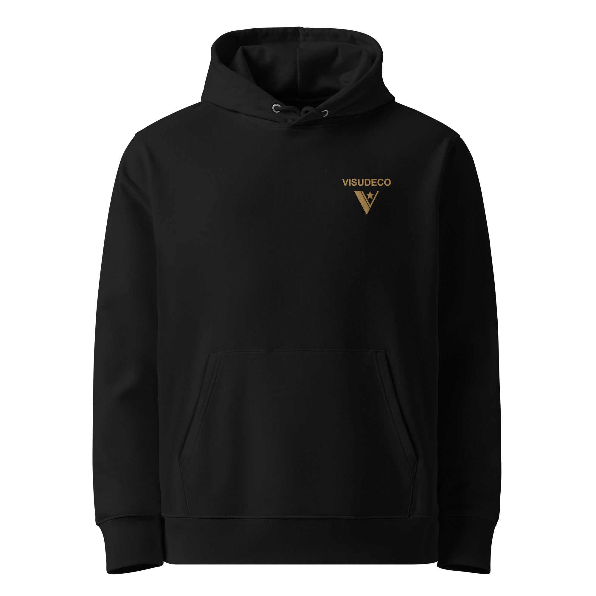 Black hoodie with a small logo on the chest against a white background.
