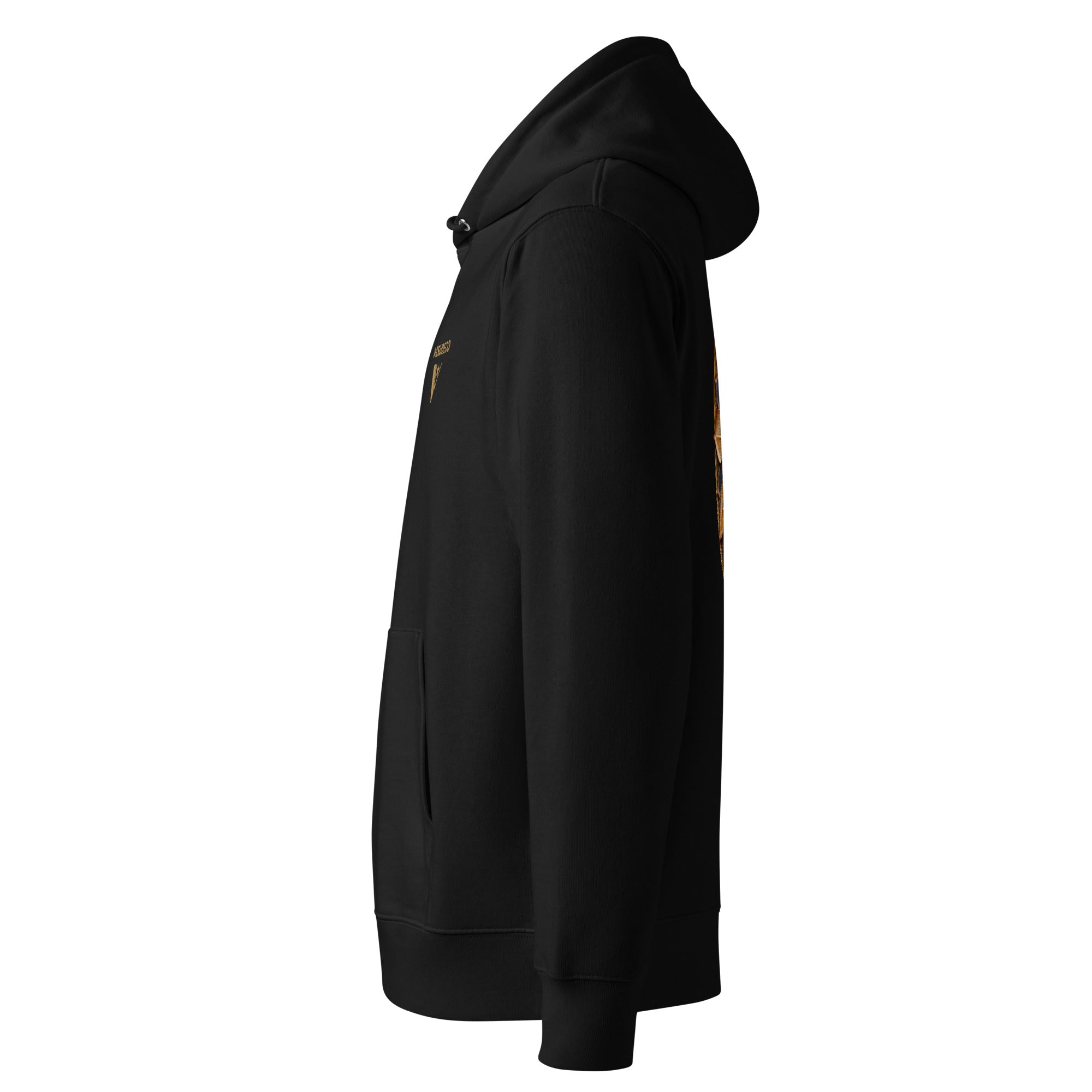 Black hoodie on a white background.