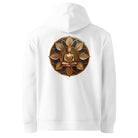 White hoodie with golden symbol on the back.