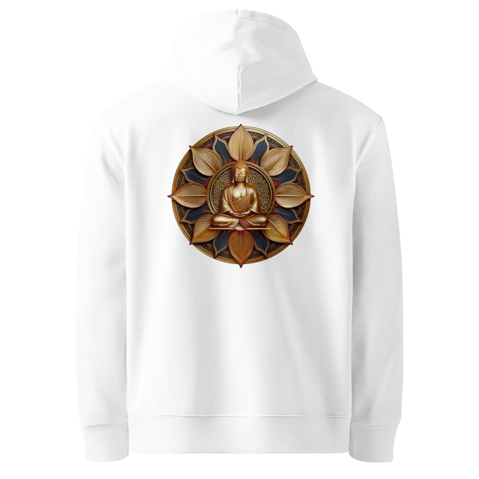 White hoodie with golden symbol on the back.