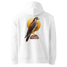 A white pullover hoodie shown from the back, featuring a large graphic print of a brown and blue falcon perched in front of a yellow circular background.