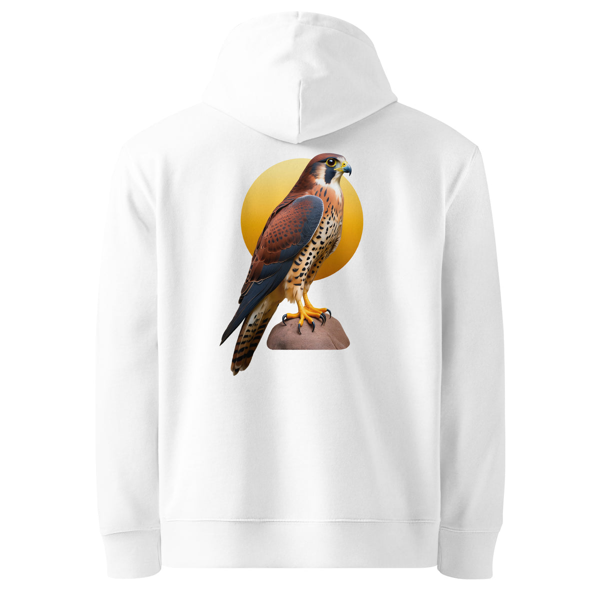 A white pullover hoodie shown from the back, featuring a large graphic print of a brown and blue falcon perched in front of a yellow circular background.