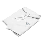 A folded white hoodie with white drawstrings and a small gray 'VISUDECO' logo embroidered on the left chest, shown on a plain white background.