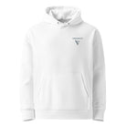 White hoodie with a logo on the left chest against a white background.