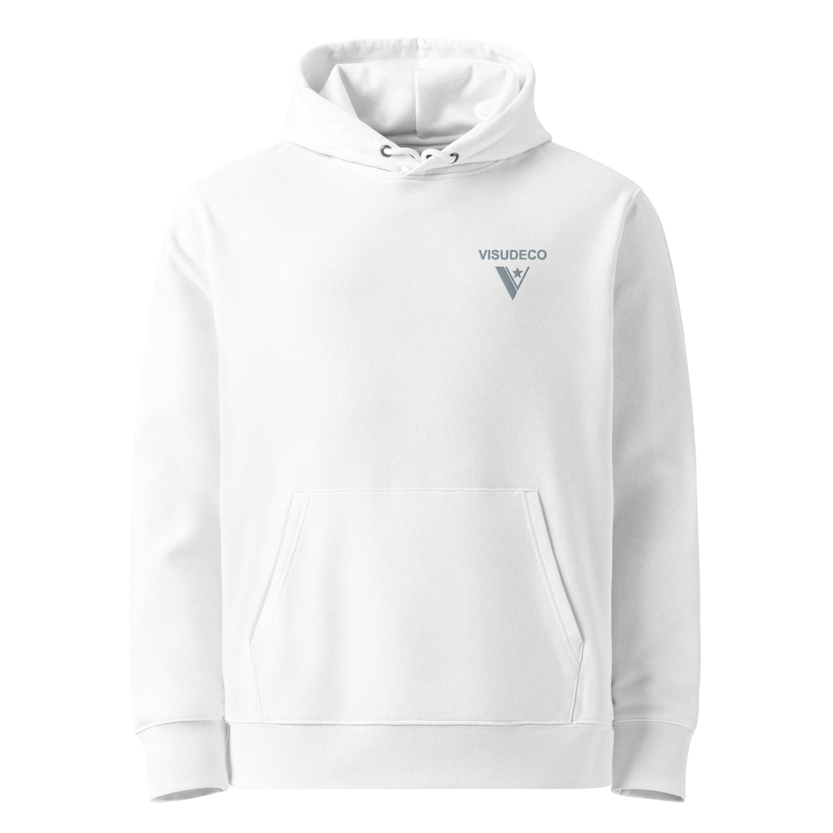White hoodie with a logo on the left chest against a white background.
