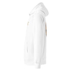 White hoodie seen from the left side.