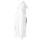 A white pullover hoodie shown from a side profile view against a plain white background.