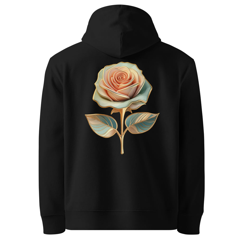 Bloom - Organic Cotton Hoodie in Black with a golden flower design on the back.