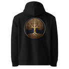 Tree of Life - Organic Cotton Hoodie in Black with the golden tree design printed on the back.
