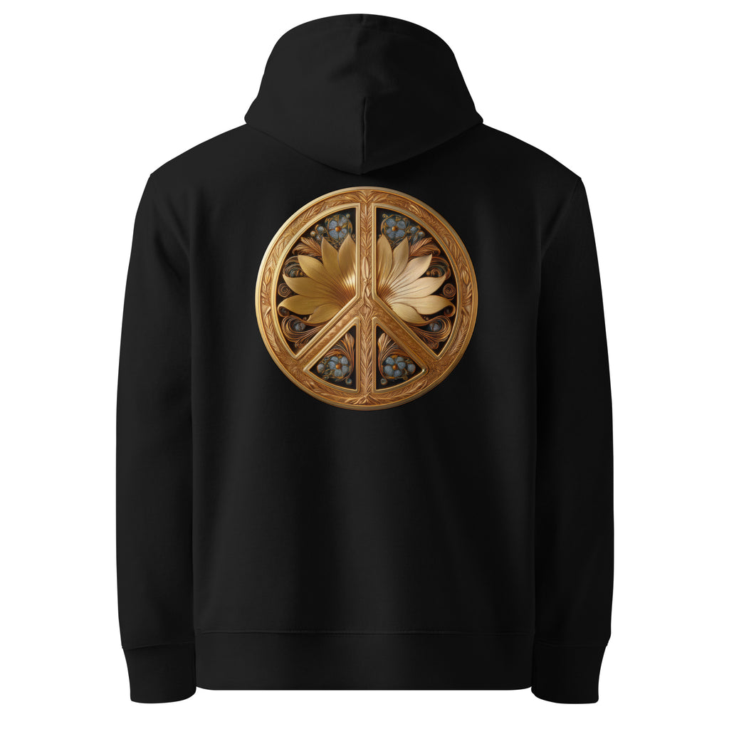 Flower Power - Organic Cotton Hoodie in Black with a golden floral design printed on the back.