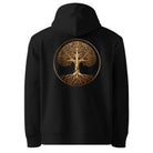 Tree of Life - Organic Cotton Hoodie in Black with a golden tree design printed on the back.