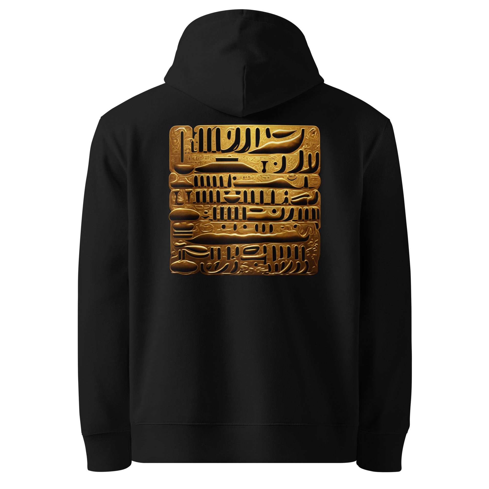 Glyphs - Organic Cotton Hoodie in Black with golden glyphs printed on the back.